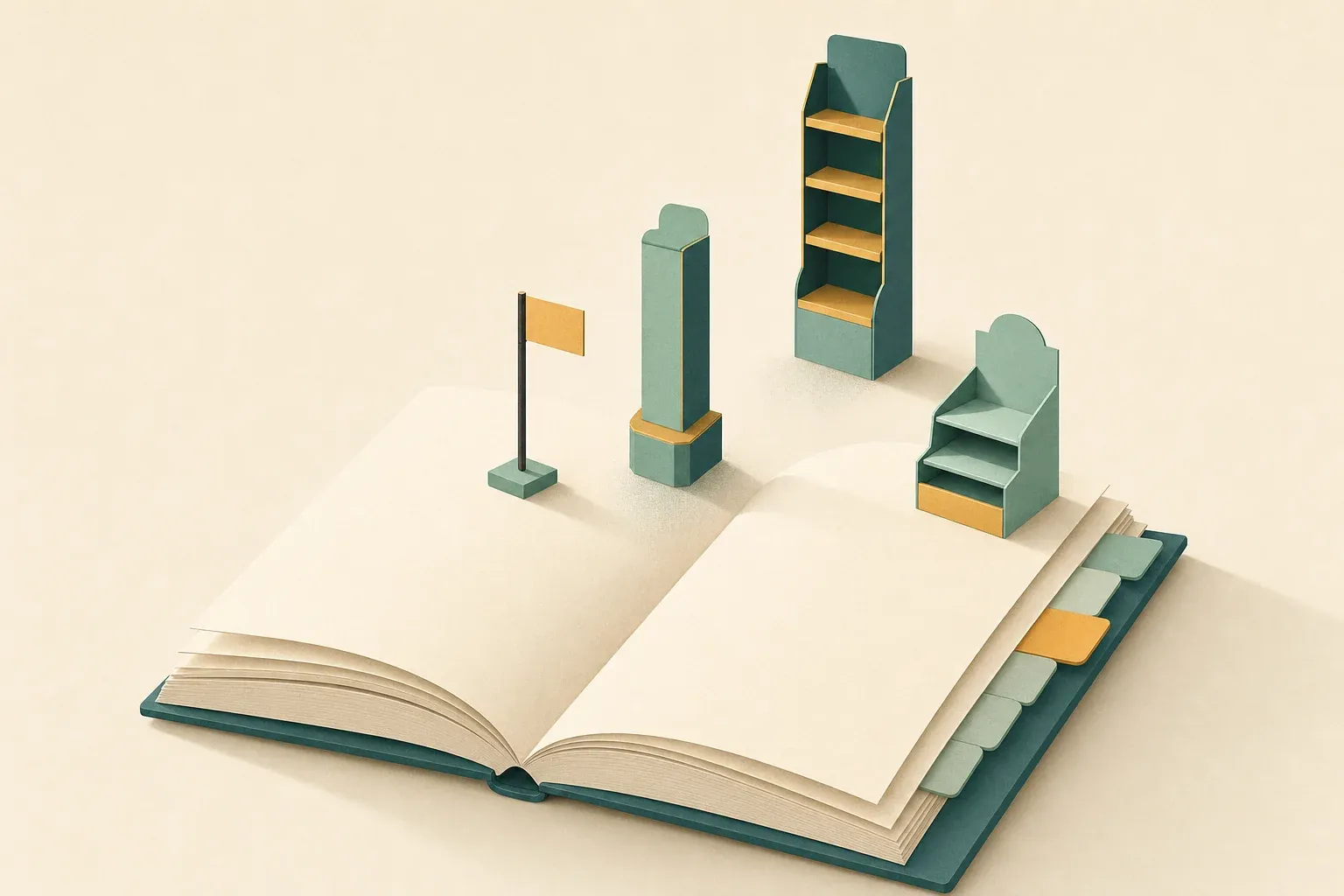 Cuaderno editorial abierto con pestañas alfabéticas e iconos de formatos de PLV emergiendo de las páginas